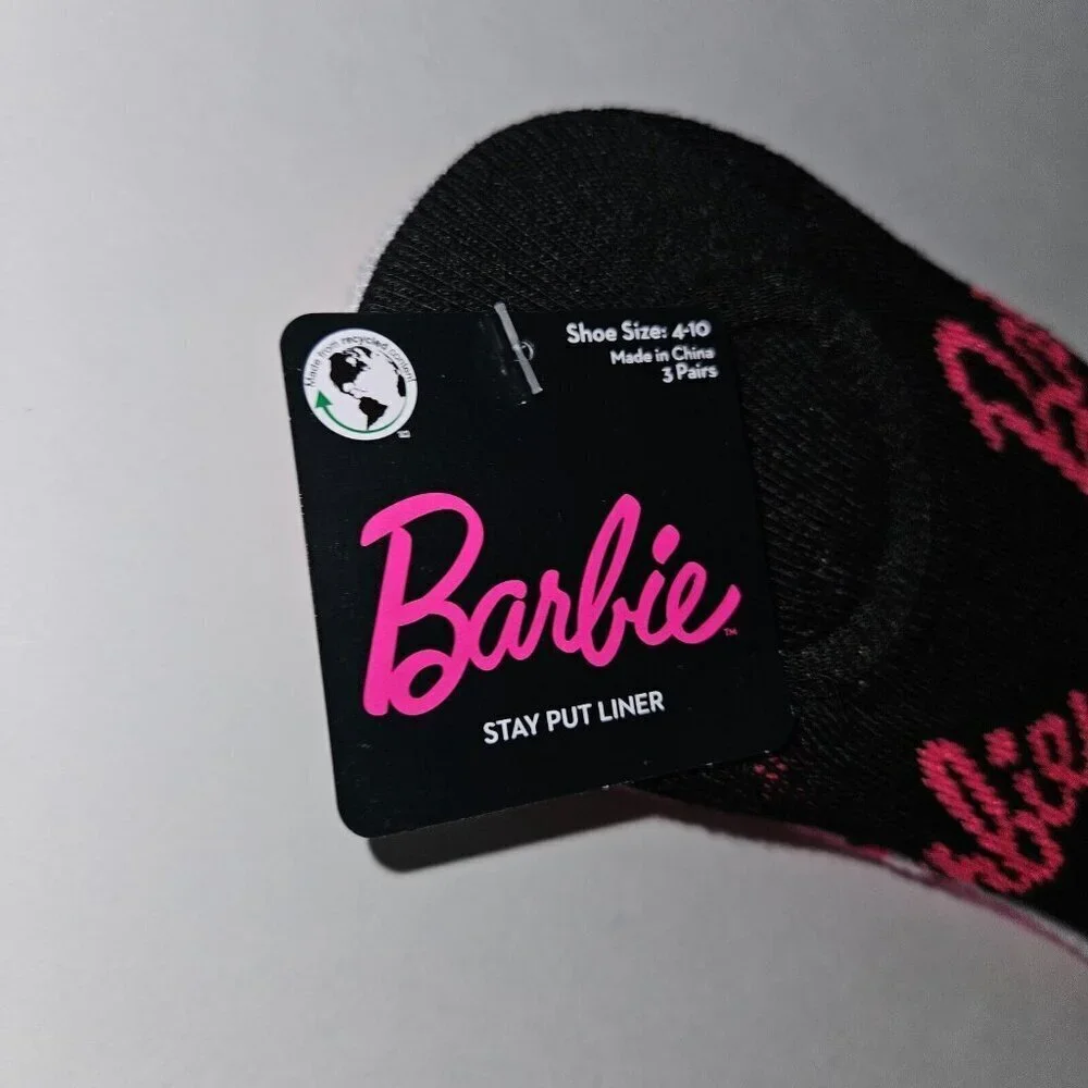 NEW 3 Pairs Barbie Stay Put Liner Socks Women's Shoe Size 4-10 Lot Pink Black